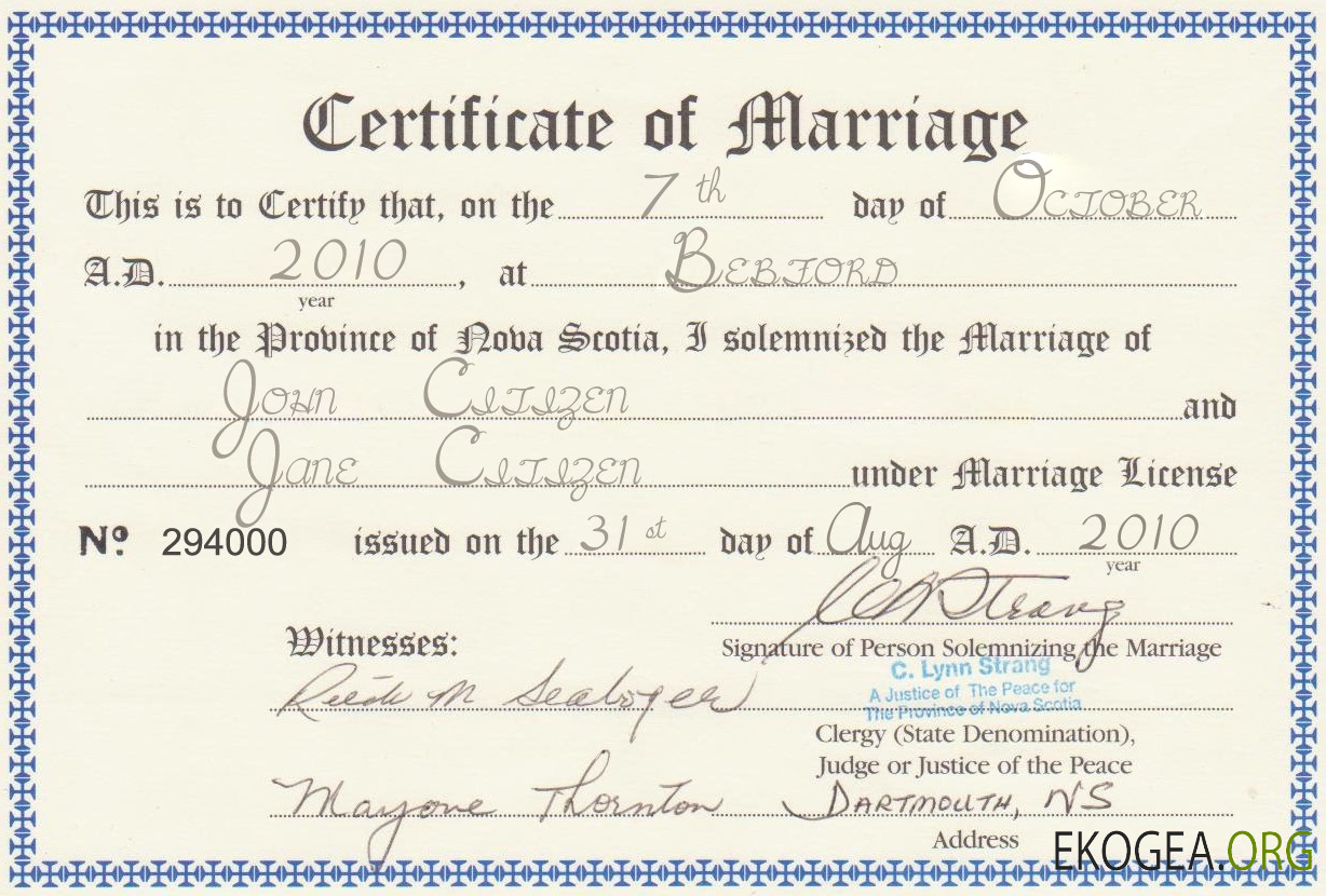 Modèle de certificat de mariage de la province du Canada de la Nouvelle Écosse en PSD